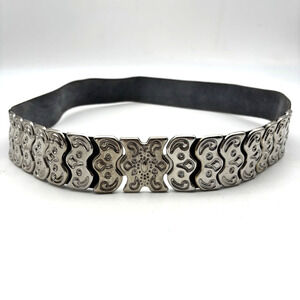 Vintage 80s Revcor Black Genuine Leather Silver Segmented Waist Belt OS 35" USA